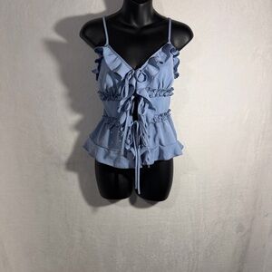 Women’s SHEIN medium Light Blue Ruffle Tie-Front Spaghetti Strap Top